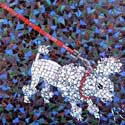 detail of mosaic, FANG the poodle on leash