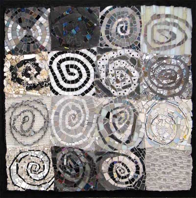 abstract art spirals, black and white mosaic 