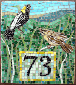 residential mosaics - house number mosaic of birds, bobolink pair