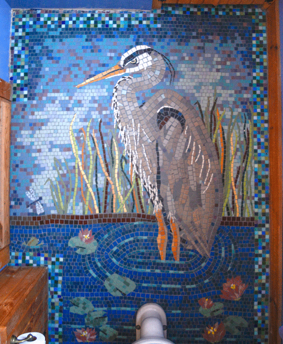 great blue heron mosaic bathroom floor