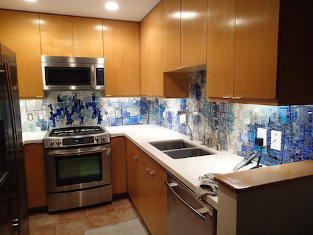 abtract blue mosaic design, kitchen backsplash