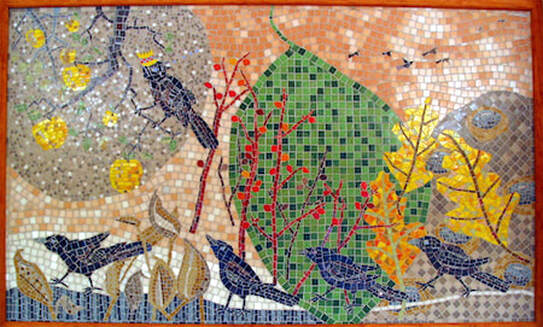 mosaic abstract composition with crows