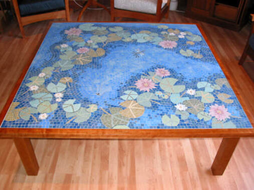 coffee table mosaic of lily pads and flowers