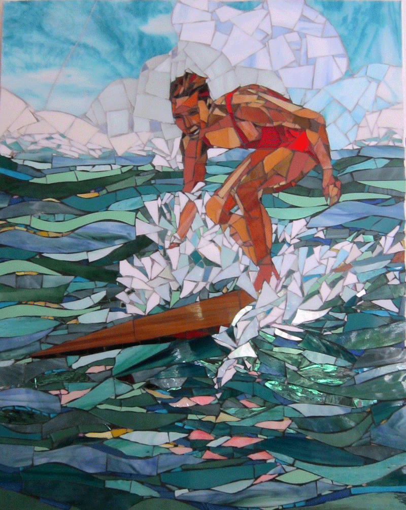 mosaic surfer, vintage surfer poster in mosaic, kitchen backsplash mosaic